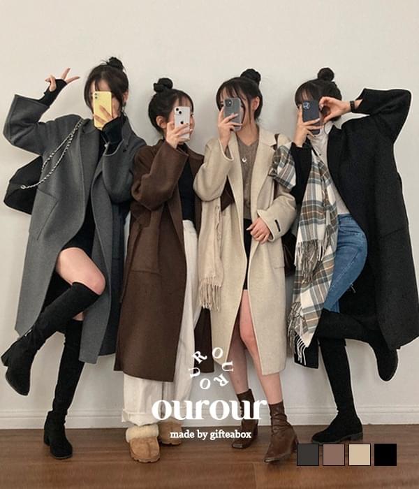 Handmade 开衩长版绑带羊毛大衣(羊毛50%)