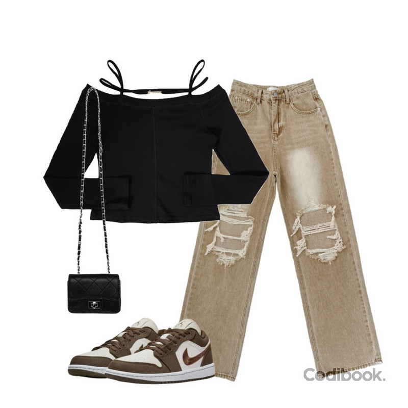 NONCODE 캐넌 퀼팅 미니 크로스백,NONCODE 레이언 크로스 오프 티셔츠,NONCODE 케넨 데미지 워싱 데님팬츠등을 매치한 코디