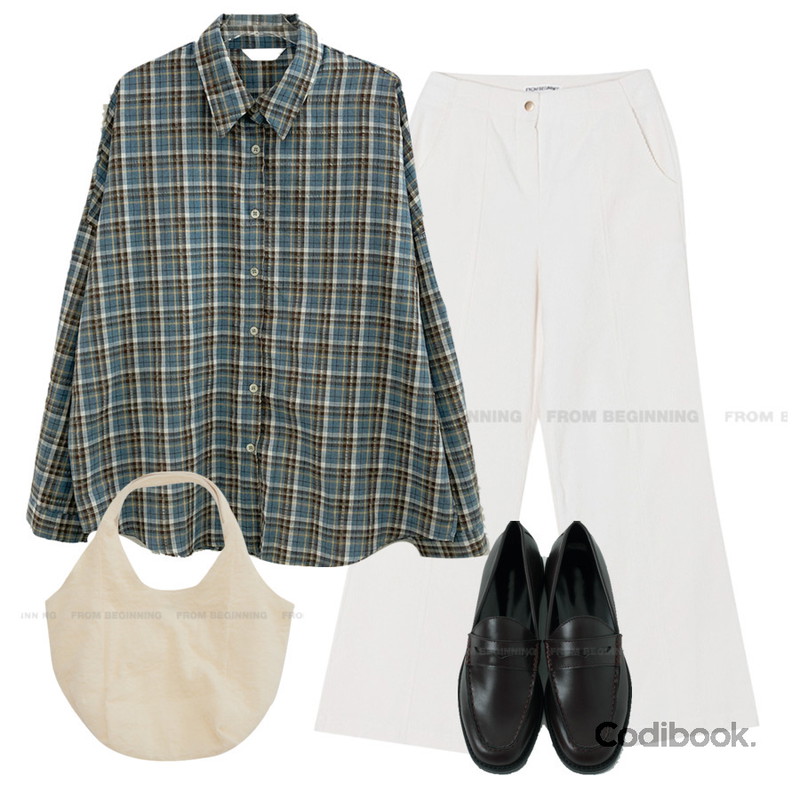 From Beginning 클로티 토트백 (4color),From Beginning 몬트 클래식페니로퍼 (3color),DAILYJOU 워터리 체크 셔츠 - 2 color등을 매치한 코디