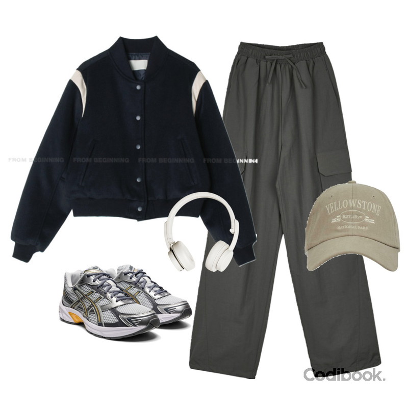 porterna 로우스 레터링 캡,porterna 러프 카고 라운지 팬츠,From Beginning 베이스 울배색스타디움점퍼(2온스) (2color)등을 매치한 코디