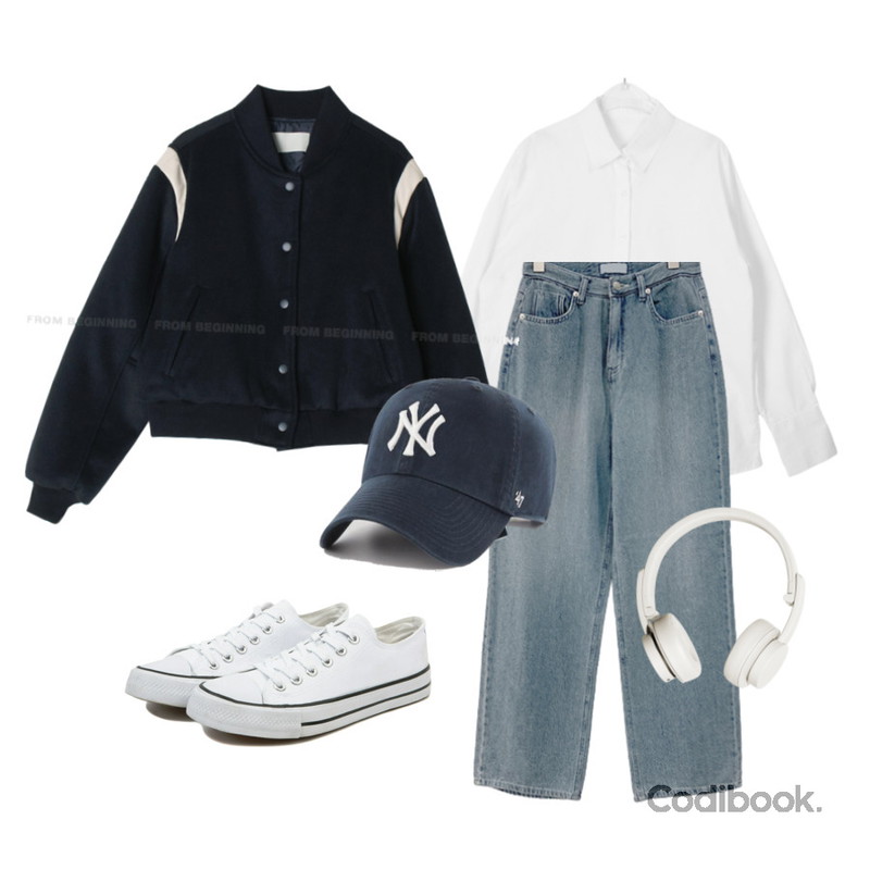 DAILYJOU 비즈 빈티지 워싱 데님 팬츠 - 2 color,VANHECER 베이직 캔버스 스니커즈 S#JI060,From Beginning 베이스 울배색스타디움점퍼(2온스) (2color)등을 매치한 코디