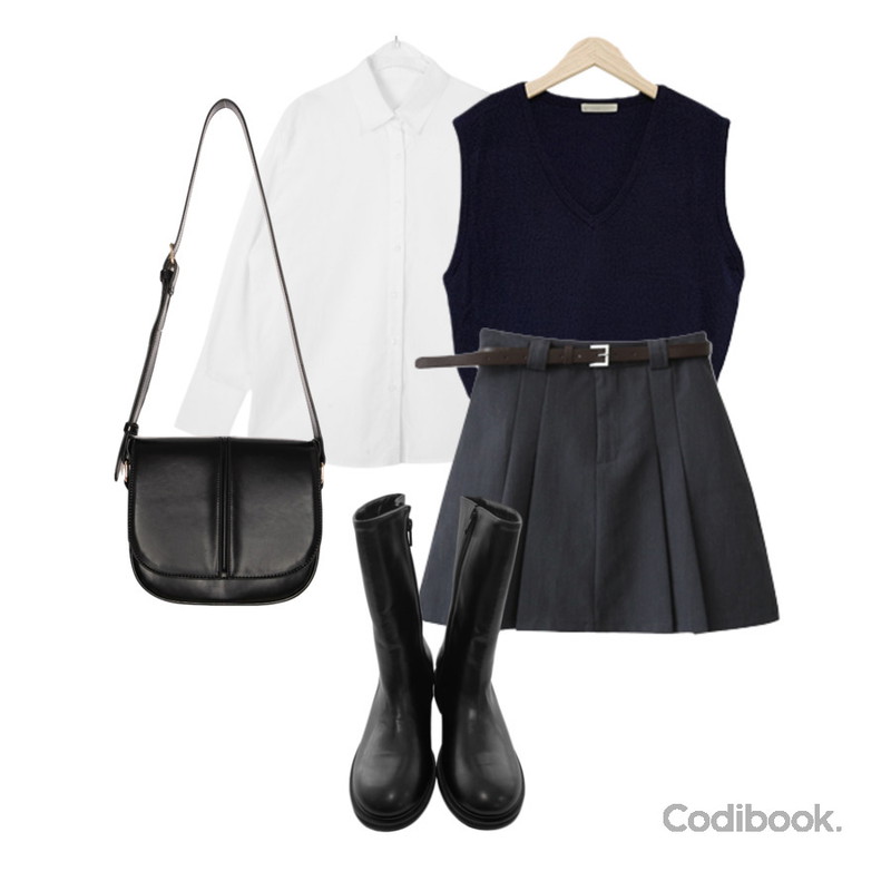 MAGLE 데일리 브이넥 니트 조끼 베스트 - 6 color,ENVYLOOK 덴드니벨트스커트,common unique 베스톤 미디움 레더 백등을 매치한 코디