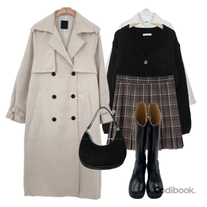 BEIDELLI 파리지앵 루즈핏 트렌치 코트,dangosister 티라미슈체크주름SK(2c) 밴딩:D,MAGLE 브이넥 세미 크롭 가디건 - 4 color등을 매치한 코디