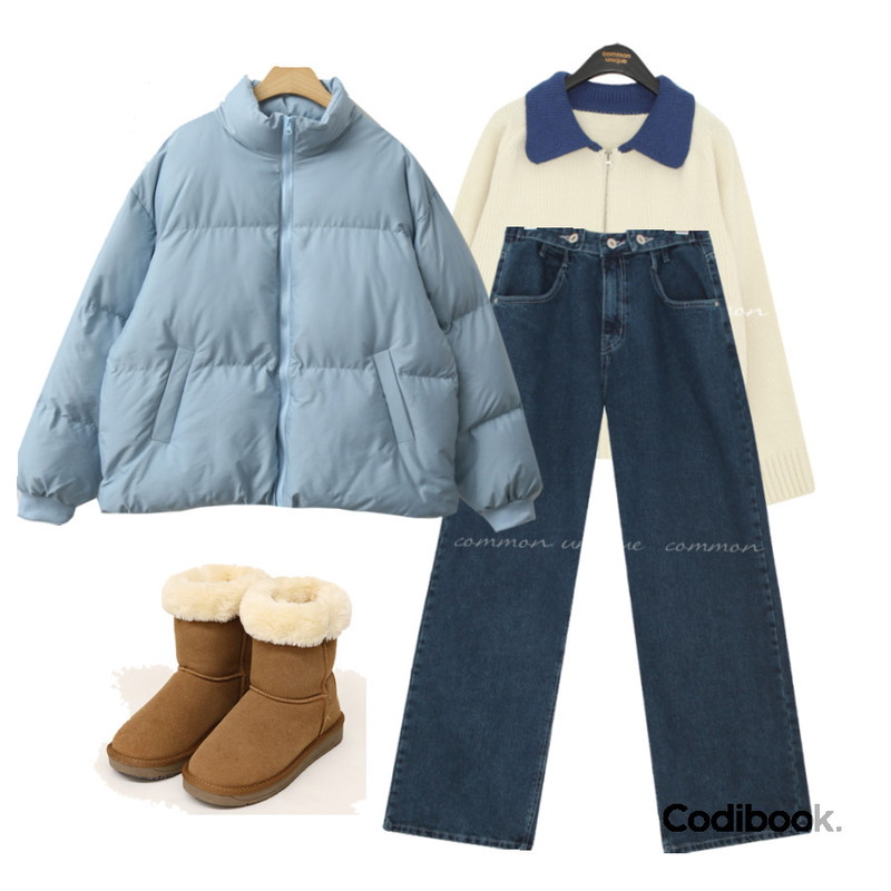 common unique 포밍 웜 어그 부츠,common unique 데리 버튼 내핑 와이드 데님 팬츠,common unique 컬러링 카라 집업 니트 가디건등을 매치한 코디
