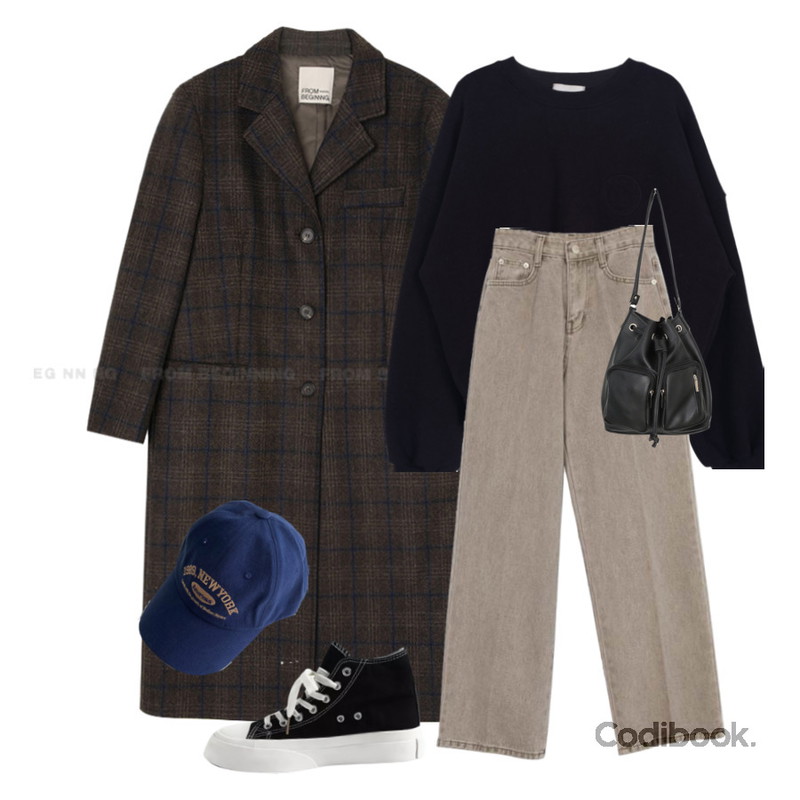 CHAAKAN 크레시 캔버스 플랫폼 스니커즈 SNFBR3d206,LILYTI 디엠라이더 버킷백 (복조리 라이더 포켓 숄더백 크로스백 데일리 미니백 아이보리/블랙),AWAB 아메1989볼캡(5color)등을 매치한 코디