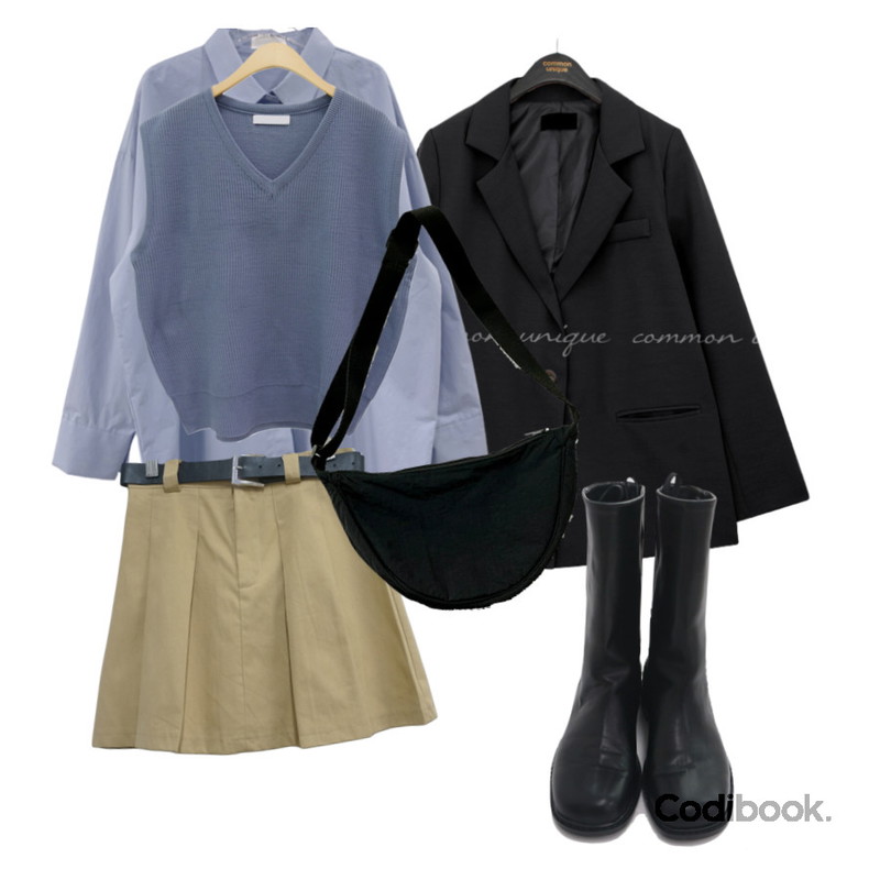 jtamtam 노아 브이넥 조끼 (8 color),moodinslow 셀렉트 미들부츠,DAILYJOU 휴버트 오버핏 코튼 셔츠 - 11 color등을 매치한 코디