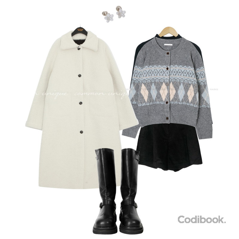lavenir (silver925) brisk piercing,binary01 버클 제스티 플랫폼부츠,From Beginning 포니 아가일니트가디건(2color)등을 매치한 코디