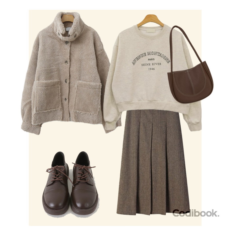From Beginning 라운드 베이직더비로퍼 (2color),ENVYLOOK 양털베어자켓,porterna 드웬 스티치 토트 백등을 매치한 코디
