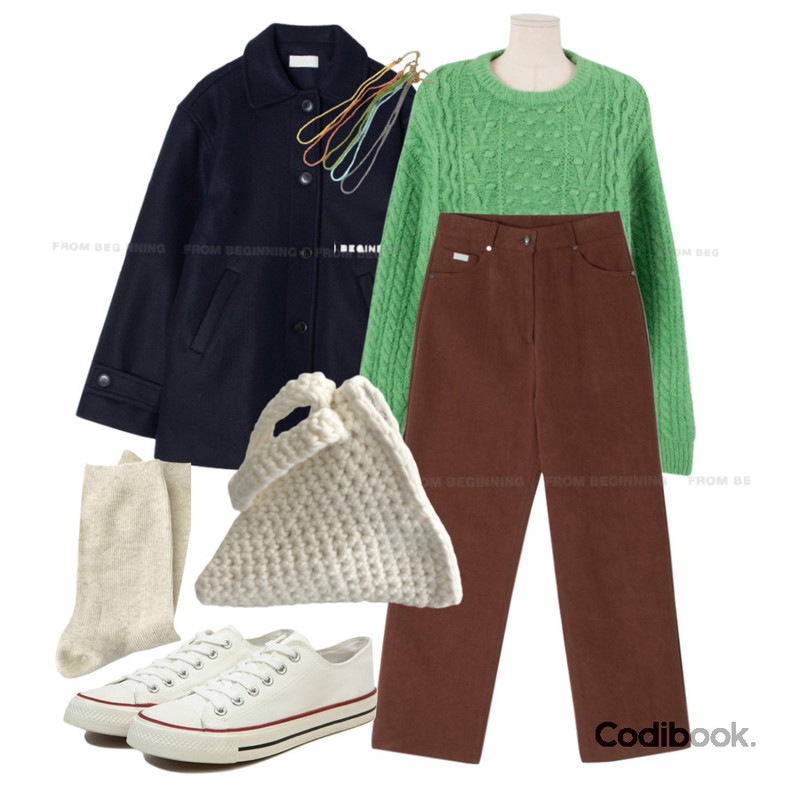 From Beginning 블루밍 캐시미어컬러니트 (6color),DAILYJOU 베린느 삼각 토트백 - 2 color,VANHECER 베이직 캔버스 스니커즈 S#JI060등을 매치한 코디