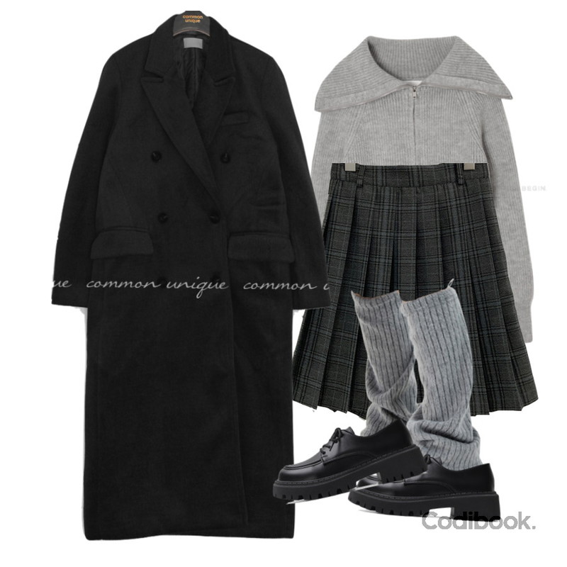 ITSHU 클래식 레이스업 통굽 로퍼(4.5cm) 11340,From Beginning 니들 빅카라니트집업 (8color),DAILYJOU 녹스 체크 밴딩 플리츠 스커트 - 2 color등을 매치한 코디