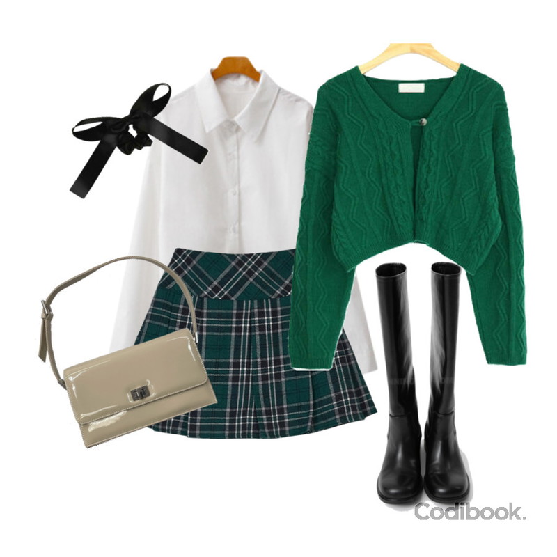 ENVYLOOK 베이스더블셔츠,frenchaube (3color)뉴웰 가을 원버튼 꽈배기 루즈핏 울 크롭 니트 가디건,porterna 레페 리본 헤어 타이등을 매치한 코디