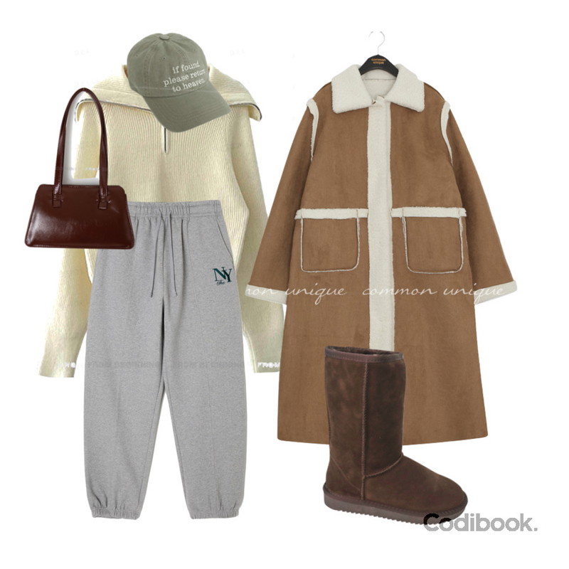 From Beginning 뉴욕 핀턱조거팬츠 (4color),From Beginning 티칸 스퀘어미니숄더백(4color),common unique 도메딕 리버시블 롱 무스탕등을 매치한 코디