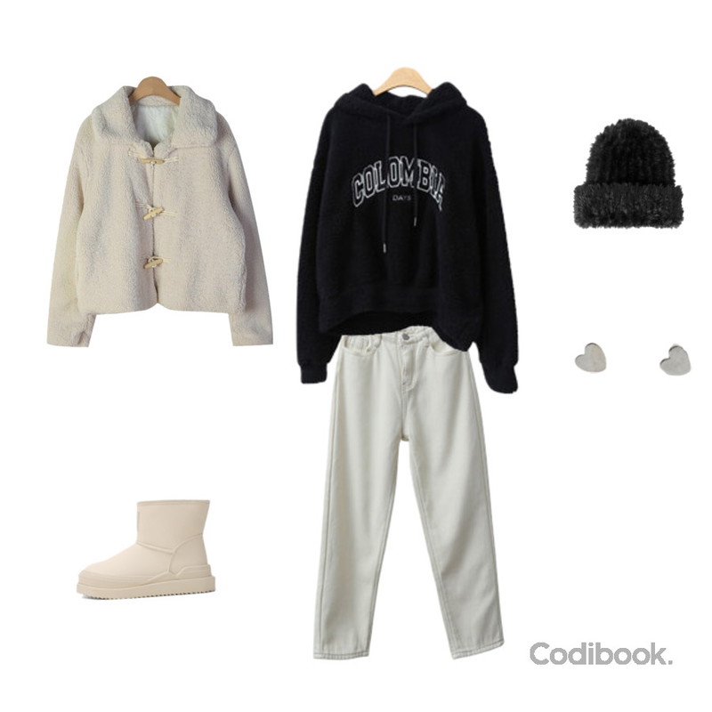 lavenir (silver925) heart earring,dangosister 기획 뽀글이떡볶이숏CT(2c) 누빔안감:D,ITSHU 둥근코 통굽 퍼트리밍 숏부츠(4.5cm/기모안감) 11380등을 매치한 코디