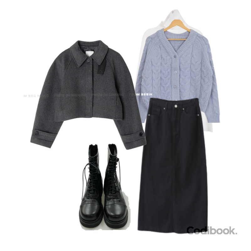 ENVYLOOK 파니슨스커트,MAENIQUE 스코팅 스트랩 워커,From Beginning 그레인 울숏코트 (2color)등을 매치한 코디