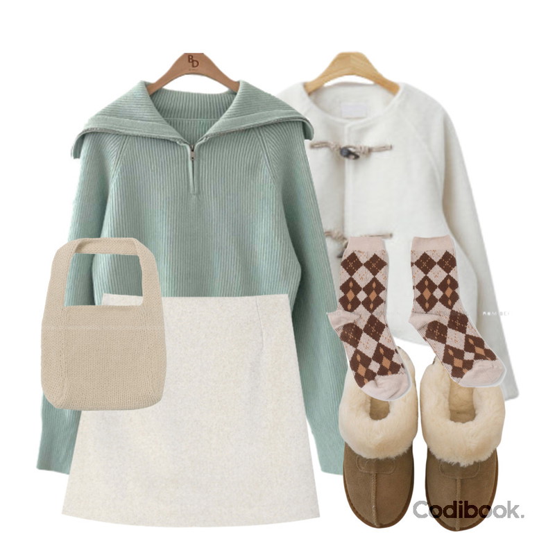 From Beginning 노르웨이 아가일양말 (5color),BEIDELLI 페일 하프 반집업 니트,ENVYLOOK 파이떡볶이무스탕등을 매치한 코디