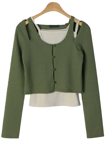 Gabin Shoulder Cutting SET Ribbed Button Cardigan + Fleece-lined Strap Sleeveless Set Product: D