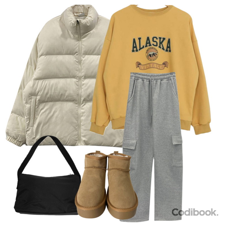 NONCODE 위린 데일리 스퀘어 숄더백,heyrozy wendie - 숏어그부츠shoes,DAILYJOU 소프티 스트링 오버 숏패딩(공용) - 4 color등을 매치한 코디