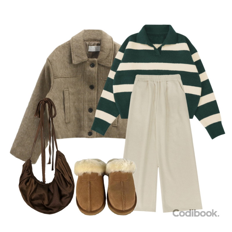 binary01 글로시 스트랩 라운드백,heyrozy una - 폭닥양털어그슬리퍼shoes,WONLOG 테비 울(ct)등을 매치한 코디