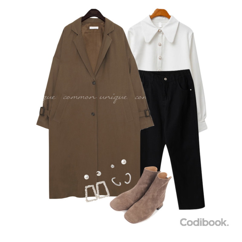 AIN unique color suede ankle boots (230-250),common unique OSLO CUPRA OVER FIT TRENCH COAT,ENVYLOOK 라운드카라블라우스등을 매치한 코디
