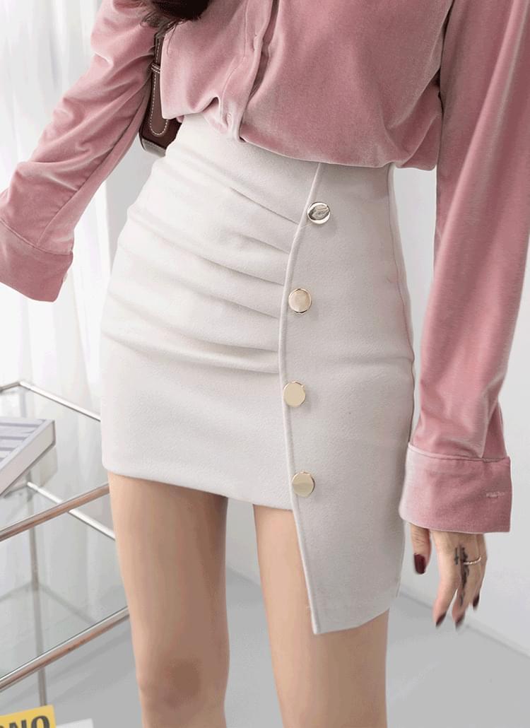 Shirring gold button unbalanced mini skirt 2color (Ships Today)