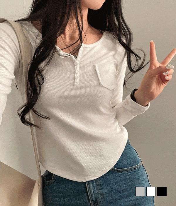 데일리한 슬림핏 라운드밑단 포켓 크롭 긴팔 티셔츠