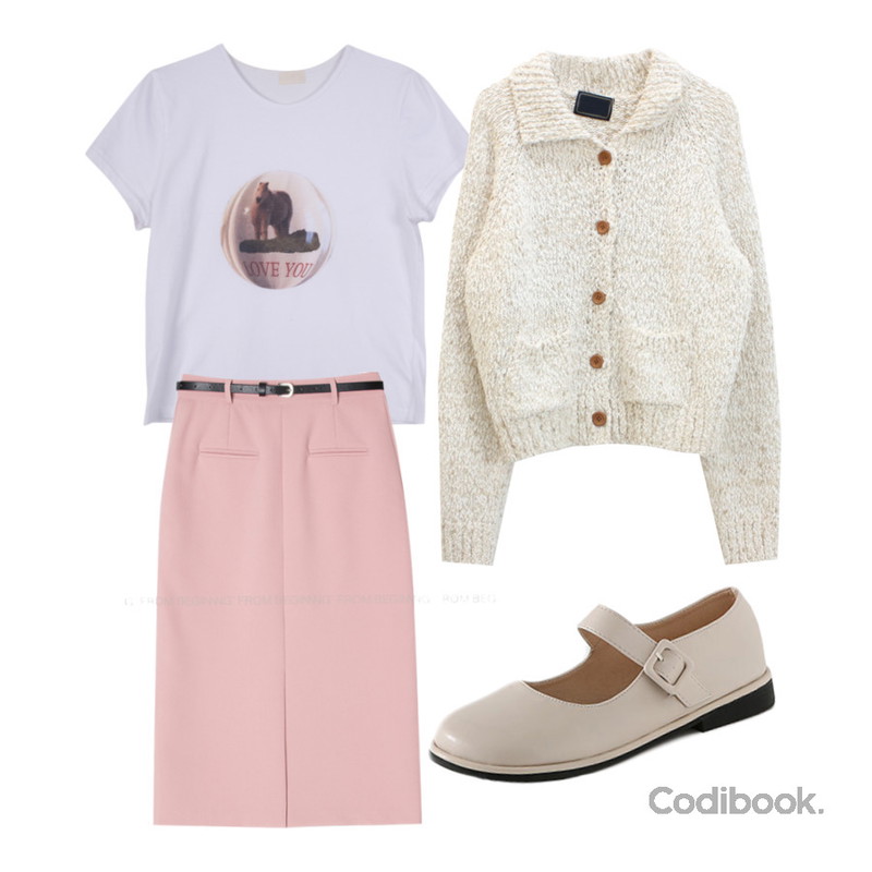 CHAAKAN 토미 라운드 메리제인 플랫 더착한 PMLTR1d041,buttersoap 러브 유 티셔츠,From Beginning 랑드 벨트SET슬릿롱스커트 (4color)등을 매치한 코디