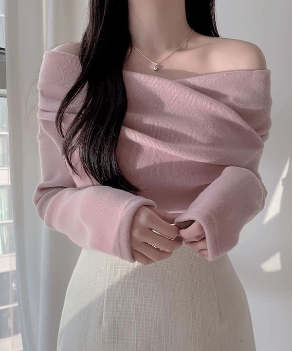 Cozy Fleece-lined wrap off-shoulder tee 4color (Ships Today)