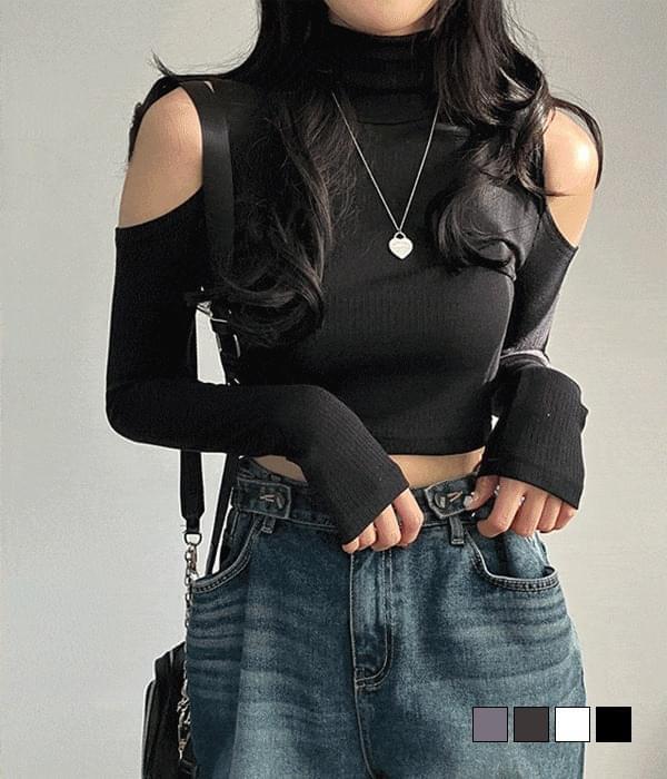 Wednesday Shoulder Split Ribbed Turtleneck Crop T-shirt (Ships Today)