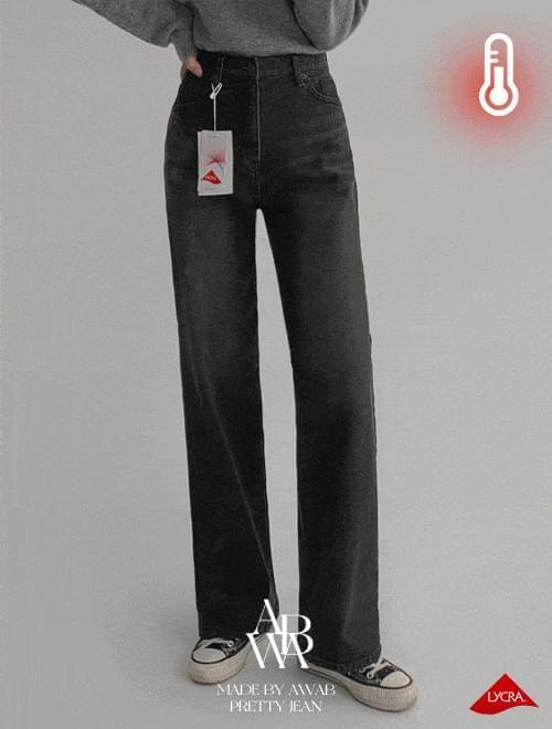+ Plenty of Fleece-lined marker Black Denim Fleece-lined wide long pants - Secret banding/Lycra fabric/1color/4size (Ships Today)