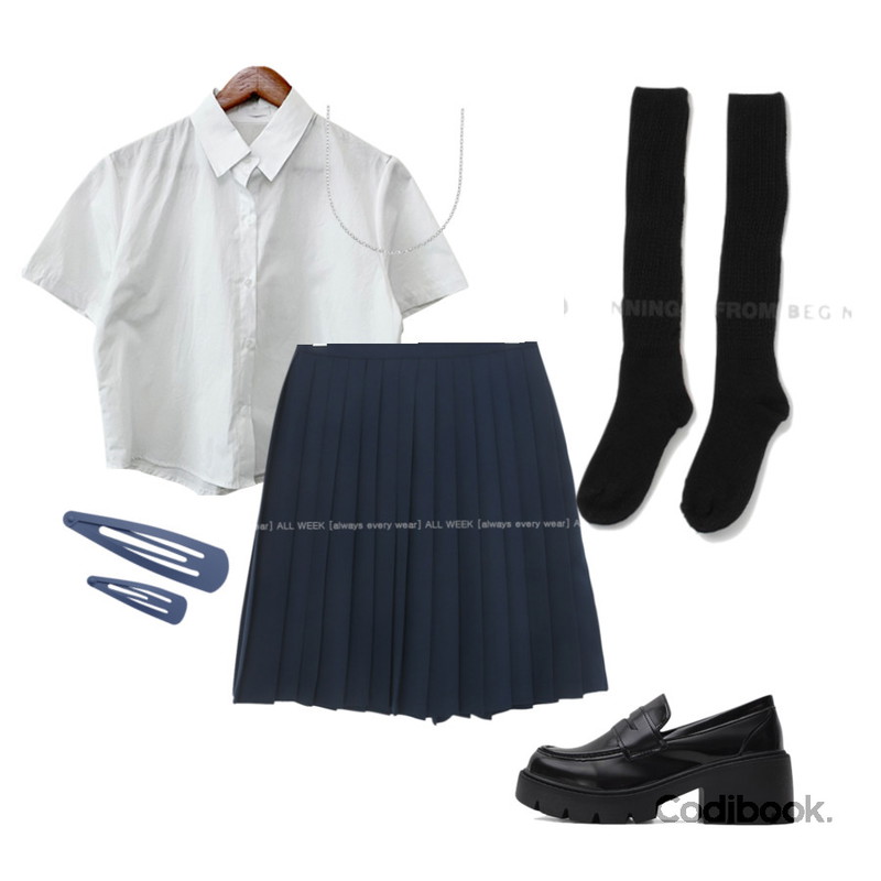 beautiful174 레익슬립*뒷밴딩플리츠스커트,RIGHT HERE 베이직 슬림 실버 체인목걸이 NC169 W,RIGHT HERE 매트 컬러 똑딱핀 세트 W등을 매치한 코디