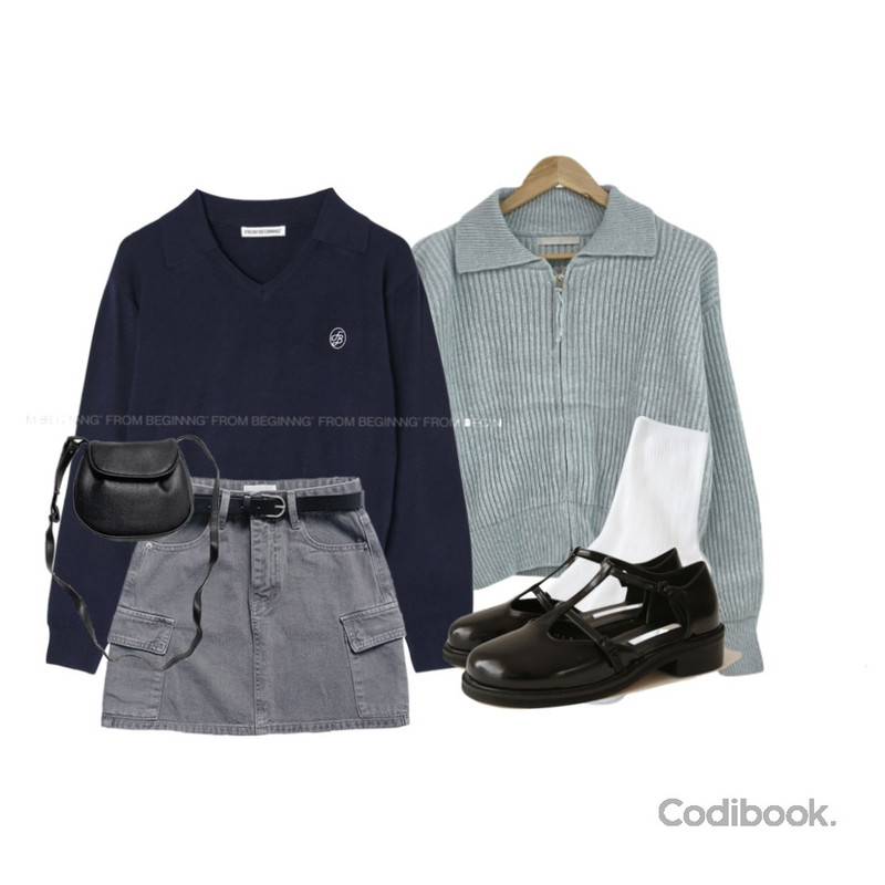 common unique 코멘 데일리 골지 삭스,common unique 피버 T 스트랩 메리 제인 슈즈,haengzassi 플럼프 카라 니트 집업 (4 color)등을 매치한 코디