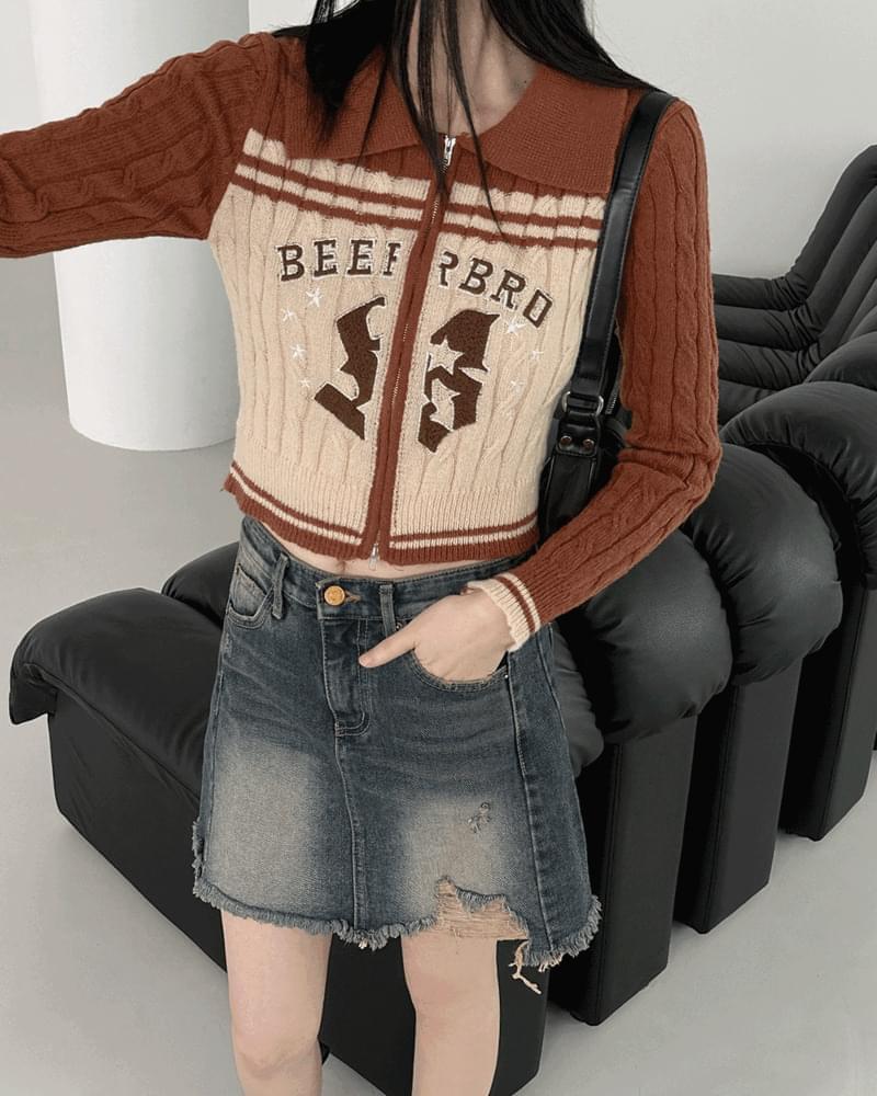 Beer Embroidered Cable Crop Collar Two-Way Zip-Up Knitwear (Ships Today)
