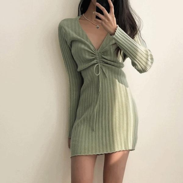 V- V-Neck shirring Ribbed mini Dress 3color (Ships Today)