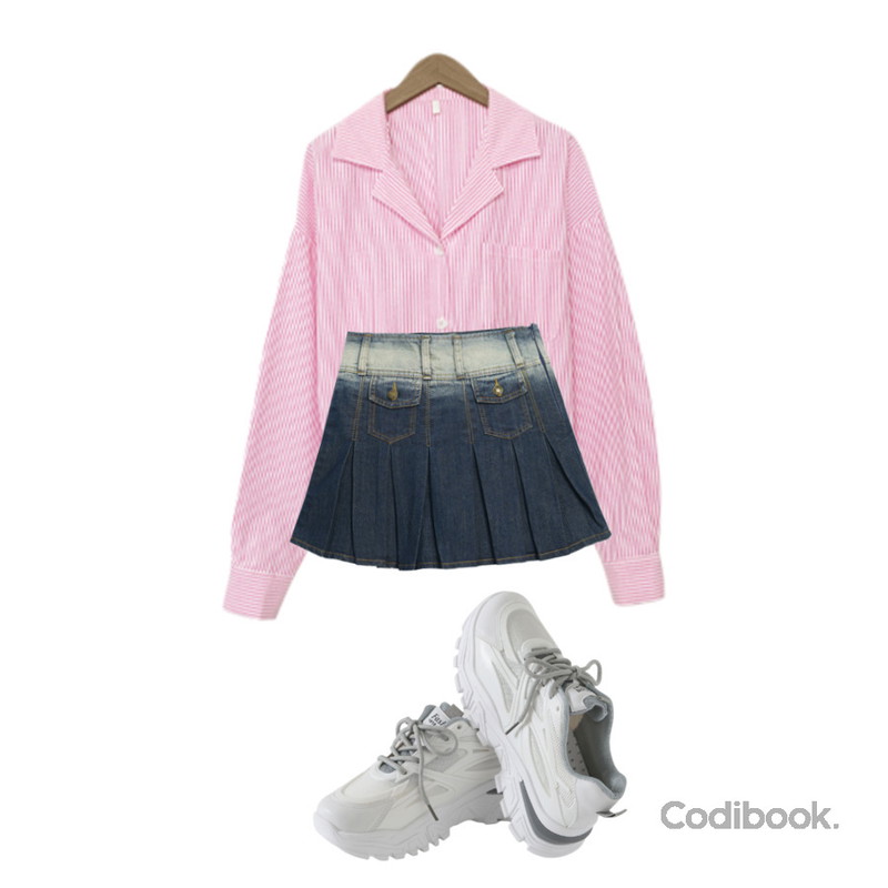 CHAAKAN 코웰 메쉬 스니커즈 SNFBR1e149,Dang2girl 빅사이즈 M-XL 그라이데이션 데님 플리츠 스커트 청치마,MAGLE 오반 스트라이프 크롭 셔츠 - 3 color등을 매치한 코디