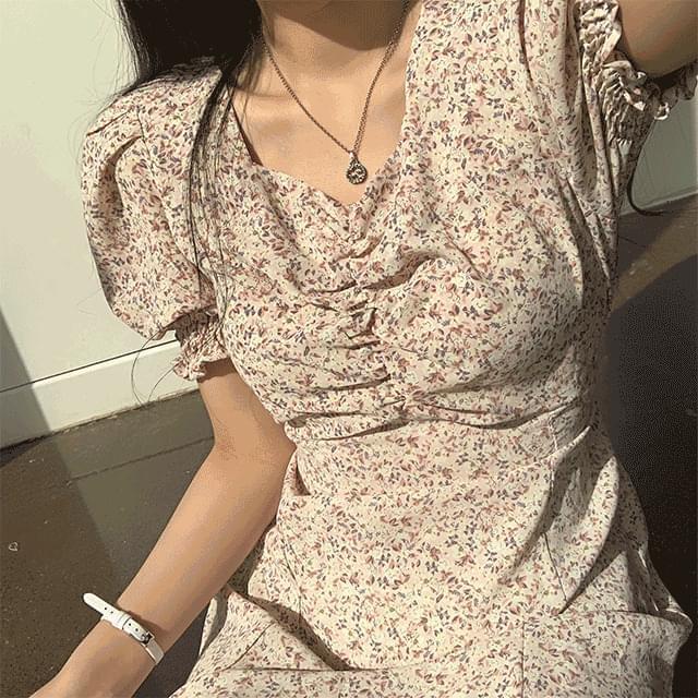 Bomboom Flower Shirring Short Sleeve Long Dress (Ships Today)