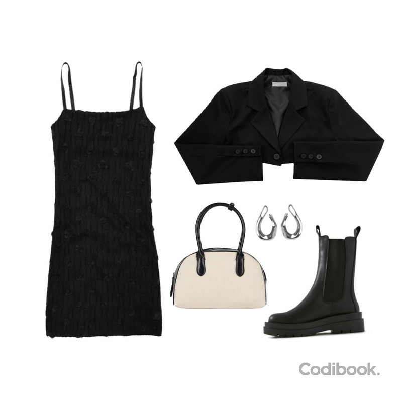 RIGHT HERE 오버사이즈 레트로 볼드 체인 드롭 귀걸이 WE238 W,CHAAKAN 피가로 첼시 부츠,NONCODE 위몬 레이스 뷔스티에 원피스등을 매치한 코디