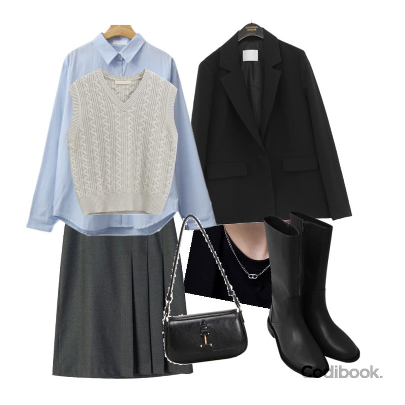 ENVYLOOK 케이튼미들부츠,dangosister 톰앤주름미디SK(3c) 사이드주름포인트:D,WONLOG 로벤(vest)등을 매치한 코디