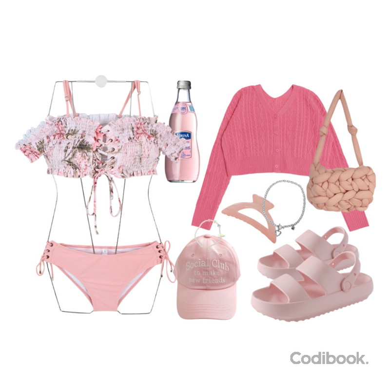 WONLOG 엘핀 바렛,closeclip 코튼캔디 꽈배기 숄더백,DAILYJOU 뉴프렌드 레터링 볼캡 - 6 color등을 매치한 코디