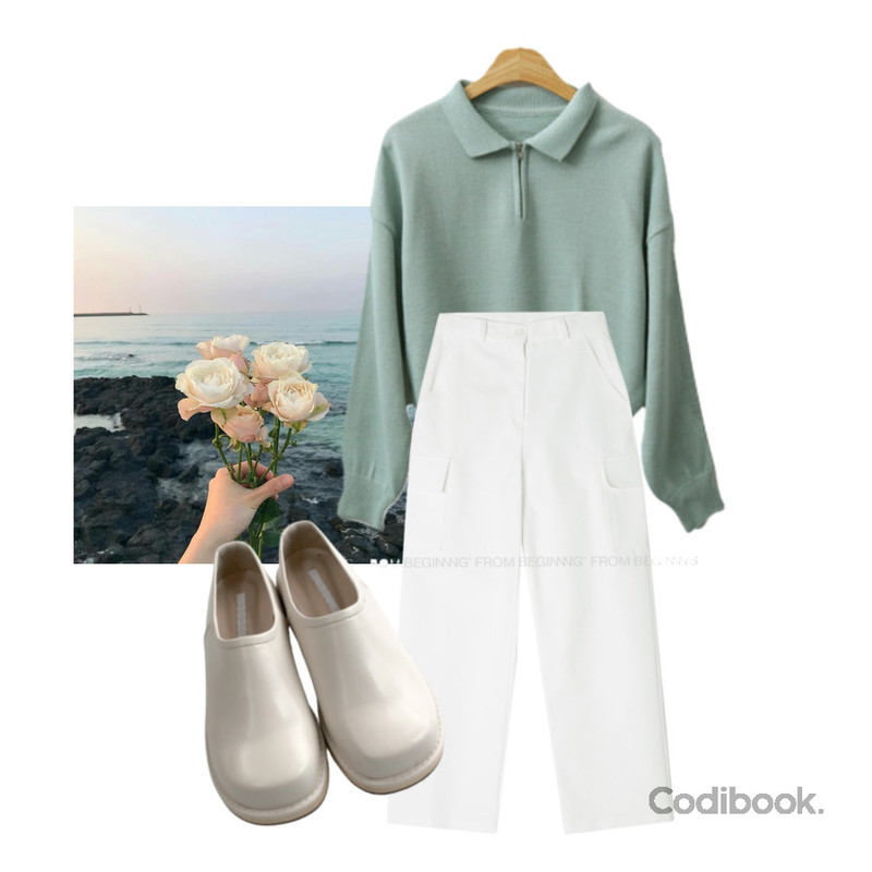 DAILYJOU 마리나 심플 로퍼 - 3 color,ENVYLOOK 집업카라니트,From Beginning 위니 코튼카고와이드팬츠 (2color)등을 매치한 코디