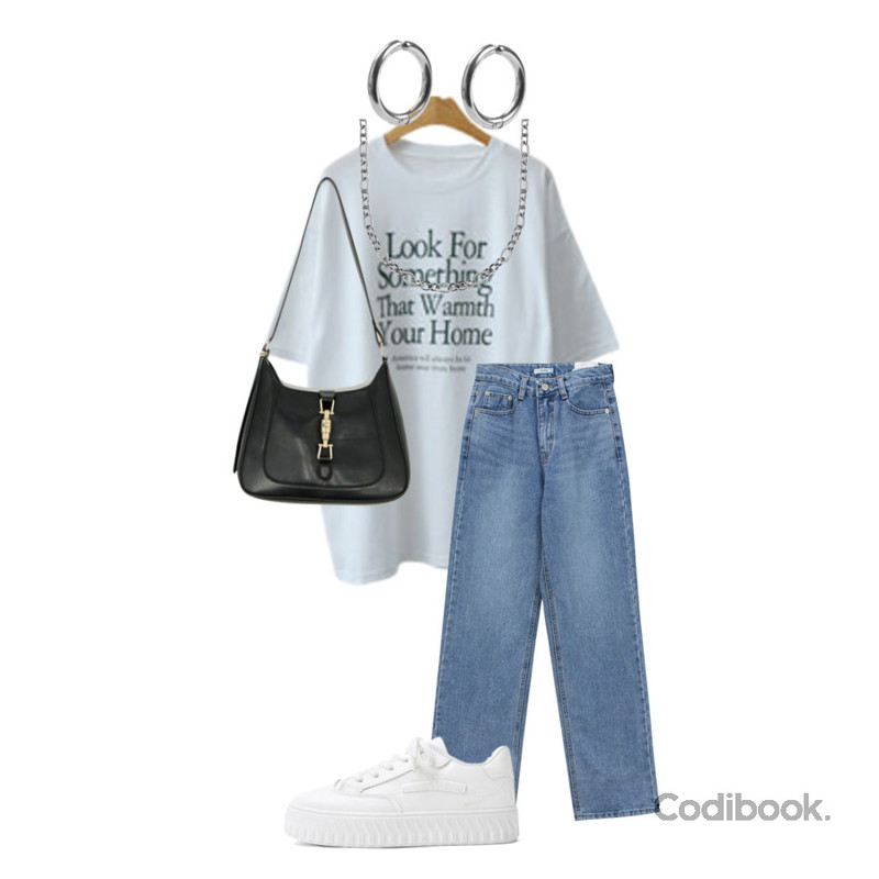 RIGHT HERE 베이직 볼드 링 귀찌 3size EZ73 W,RIGHT HERE 믹스 텍스쳐 티타늄 체인목걸이 WNC94 W,ENVYLOOK 워튼티셔츠등을 매치한 코디