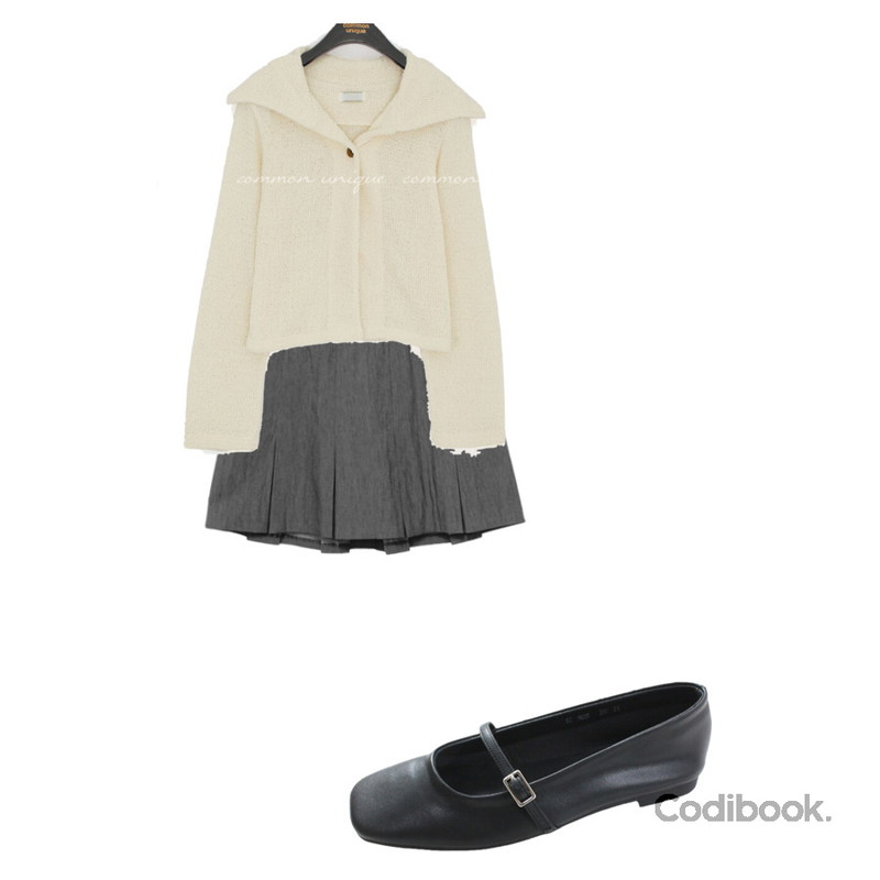 common unique 슈너 세트-업 테리 가디건,WONLOG 센즈 플랫(shoes),MAGLE 포레스트 코튼 미니 스커트 - 3 color등을 매치한 코디