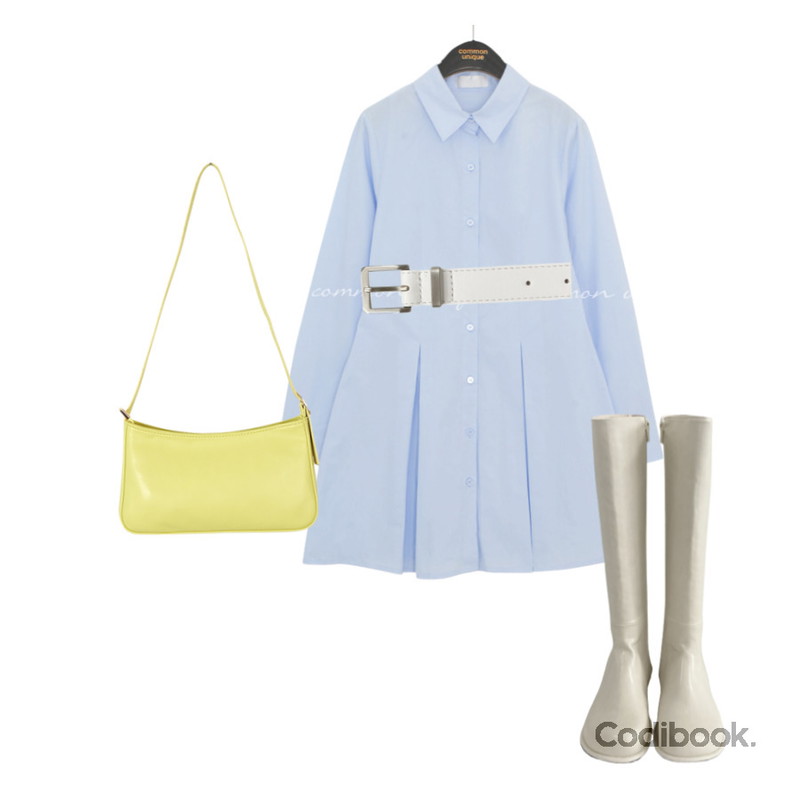 DAILYJOU 케느 롱 부츠 - 2 color,DAILYJOU 델로 스퀘어 벨트 - 7 color,LILYTI 심플스퀘어 숄더백 (데일리 스퀘어 바게트 쉐입 미니토드백 가방 아이보리/옐로우/베이지/블랙)등을 매치한 코디