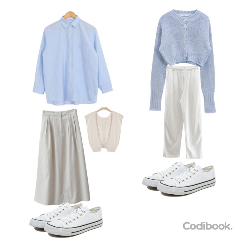 ENVYLOOK 모모핀턱롱스커트,closeclip 애디슨 와이드 트레이닝팬츠,VANHECER 베이직 캔버스 스니커즈 S#JI060등을 매치한 코디