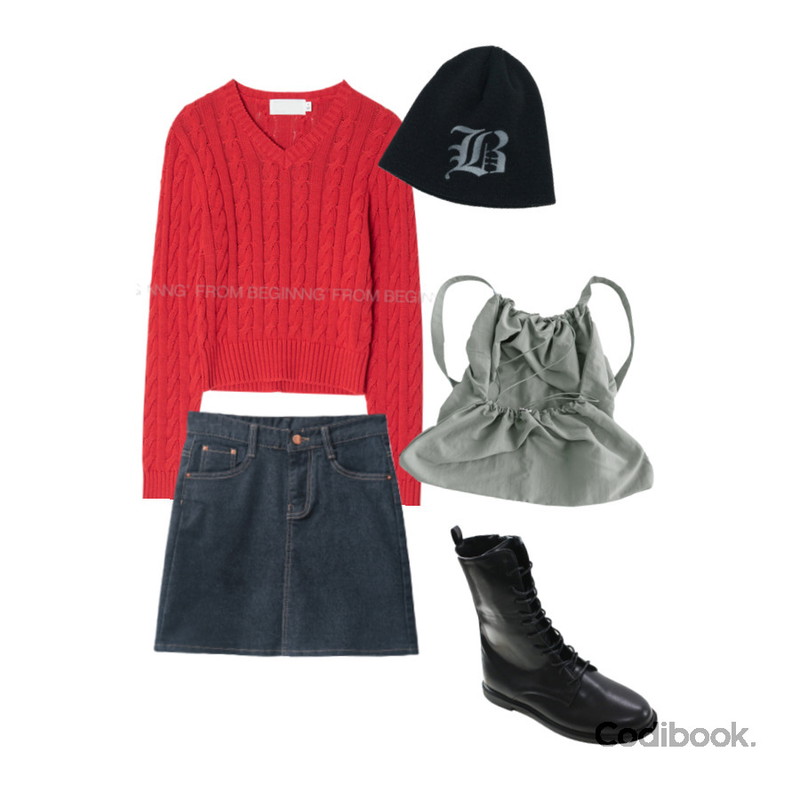 ENVYLOOK 논페이드데님스커트,WONLOG 스테나 워커(shoes),Dang2girl 콜리 사계절 레터링 로고 비니등을 매치한 코디
