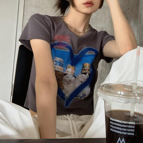 Newtro Retro Cats Heart Crop Short Sleeve Tee 4color (Ships Today)