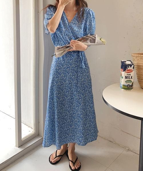 Spring Flower V- V-Neck Puff Sleeve Wrap Long Dress (Ships Today)