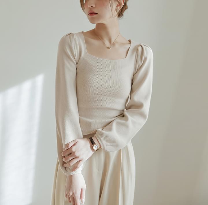 Puff Sleeve Square Neck Slim Knit (Ships Today)