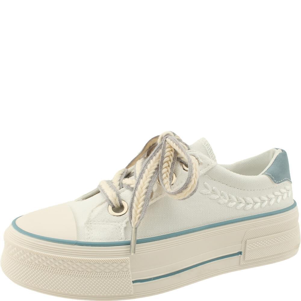 Embroidered Two-Tone Canvas Shoes Cotton Sneakers White (Ships Today)