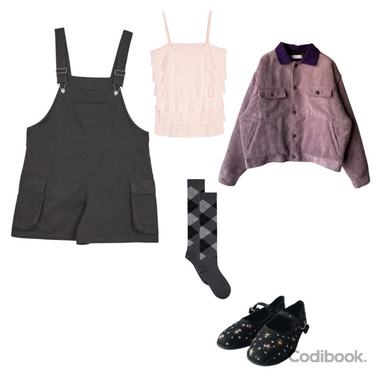 porterna 무드 다이아 롱 삭스,kim9hope mixed collar corduroy jk,kim9hope 23 flower corduroy flat등을 매치한 코디