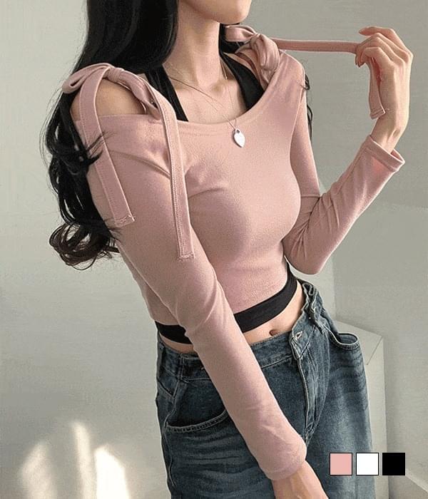 Hip Berry Ribbon Strap Shoulder Split Off-Shoulder Crop T-Shirt 长袖上衣